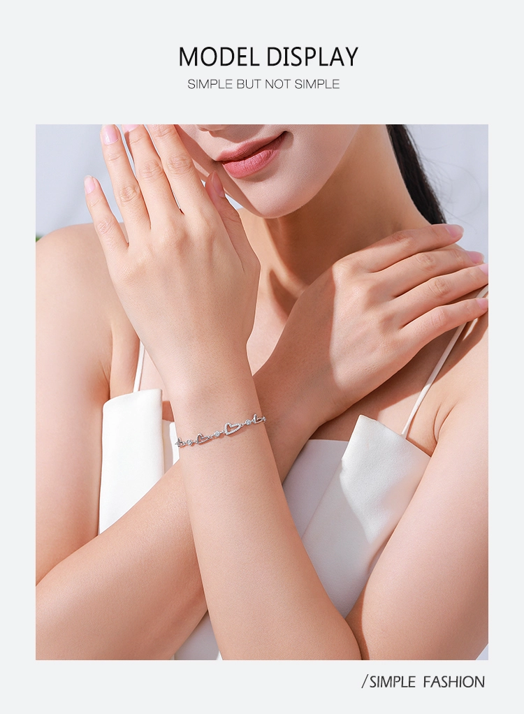 Heart Cubic Zirconia Adjustable Bracelet Chain Link 925 Sterling Silver