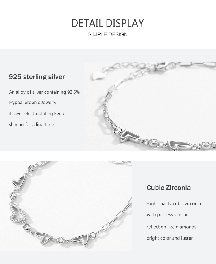 Heart Cubic Zirconia Adjustable Bracelet Chain Link 925 Sterling Silver