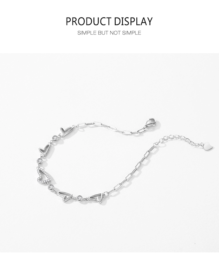 Heart Cubic Zirconia Adjustable Bracelet Chain Link 925 Sterling Silver