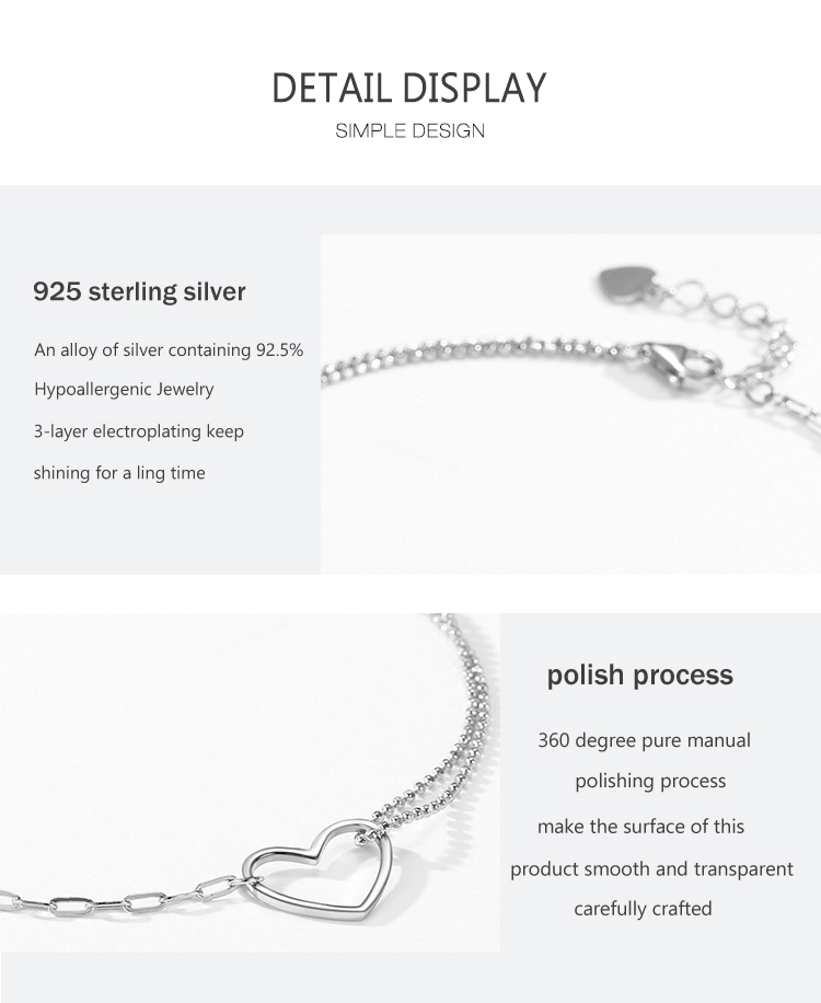 Fashion Simple Heart Stackable Bracelets 100% Real 925 Sterling Silver