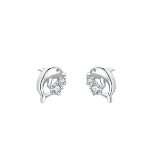 Cute Dolphin Stud Earrings Zircon Animal Sterling Silver