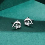 Cute Dolphin Stud Earrings Zircon Animal Sterling Silver