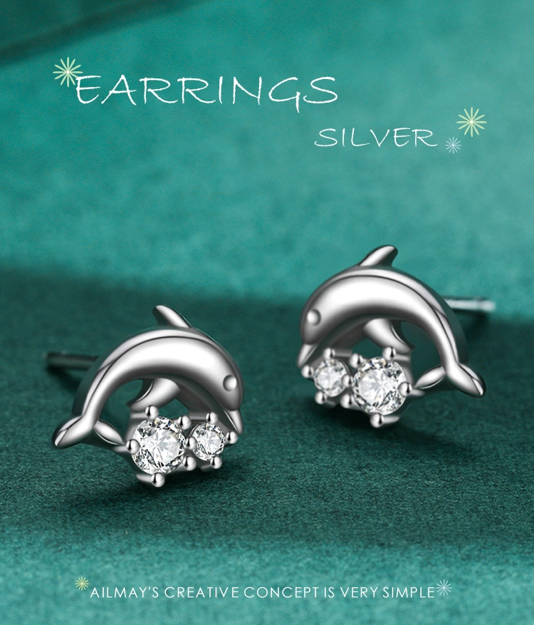 Cute Dolphin Stud Earrings Zircon Animal Sterling Silver