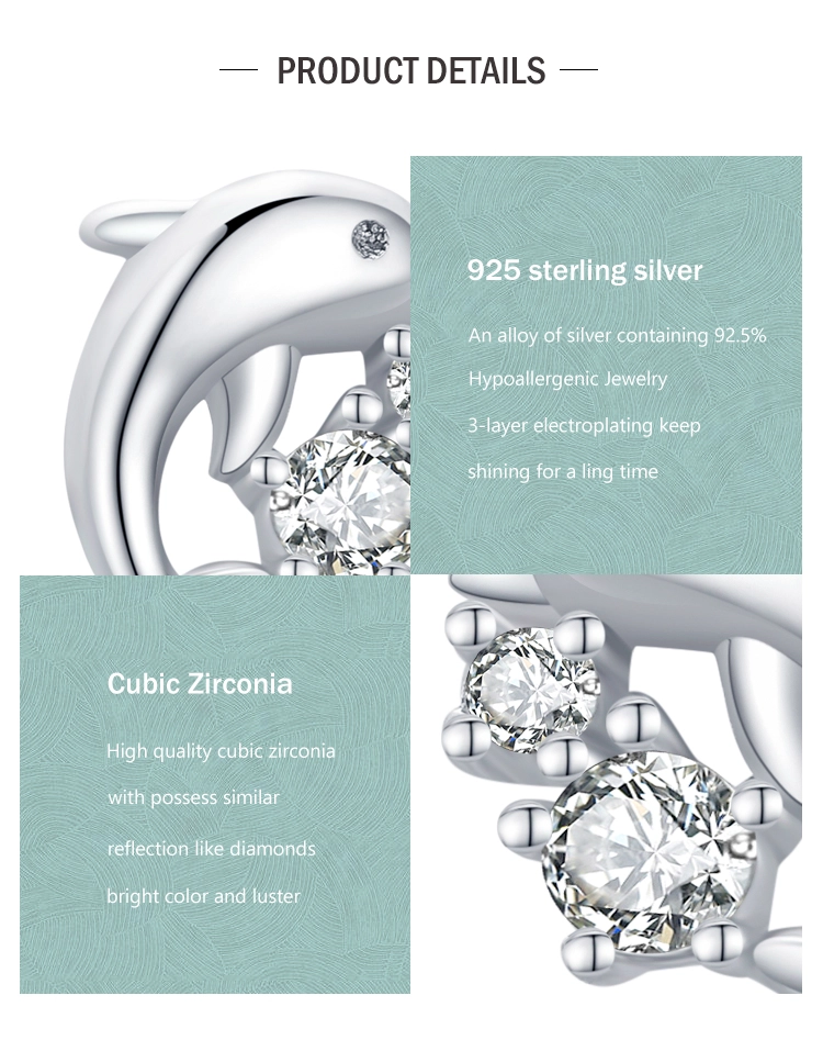 Cute Dolphin Stud Earrings Zircon Animal Sterling Silver