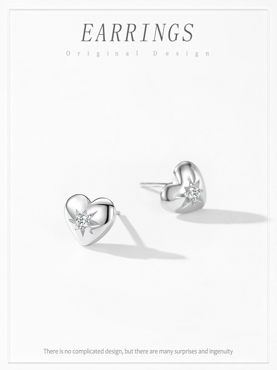 Romantic Heart Stud Earrings Zircon 925 Sterling Silver