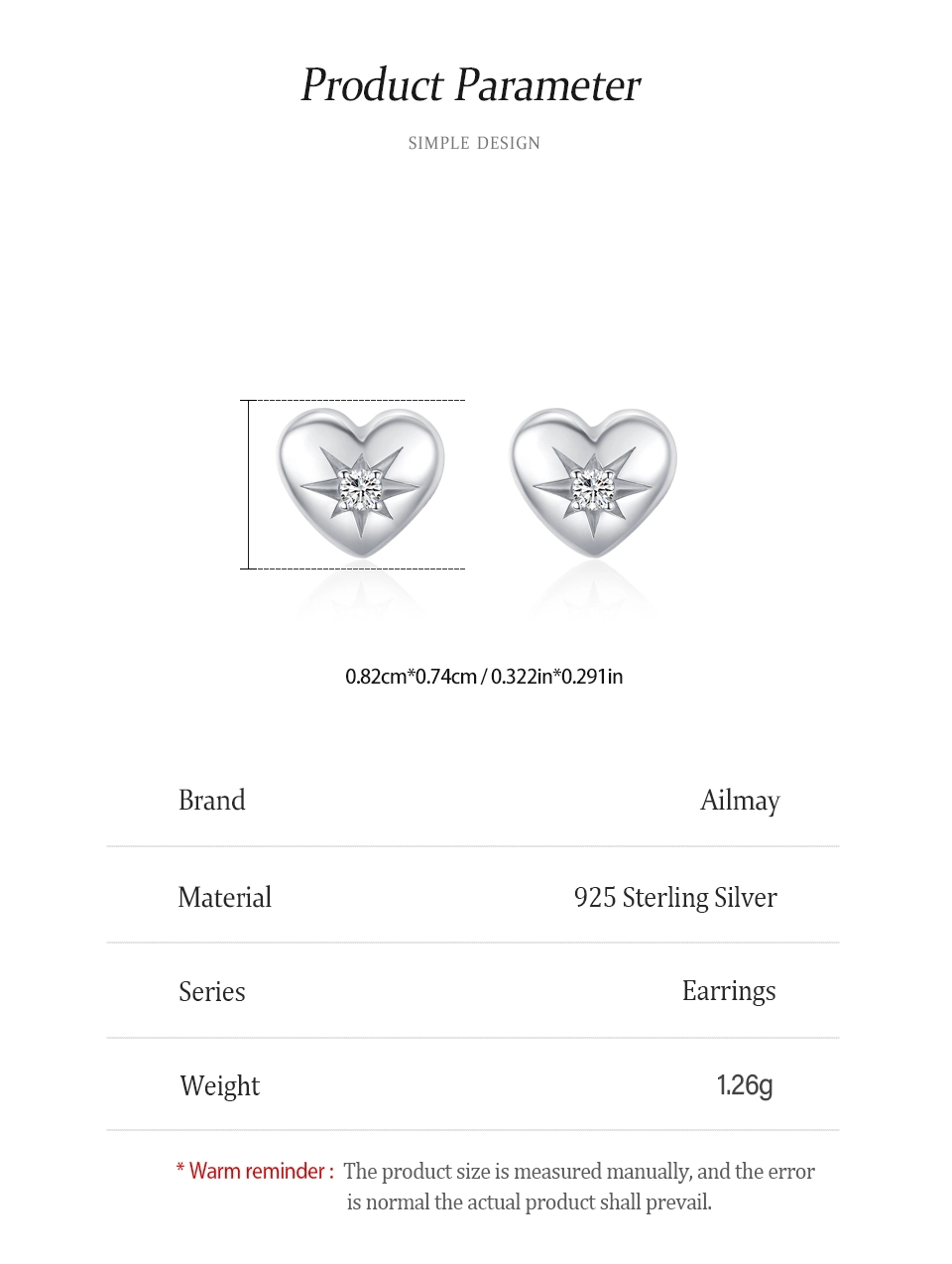Romantic Heart Stud Earrings Zircon 925 Sterling Silver