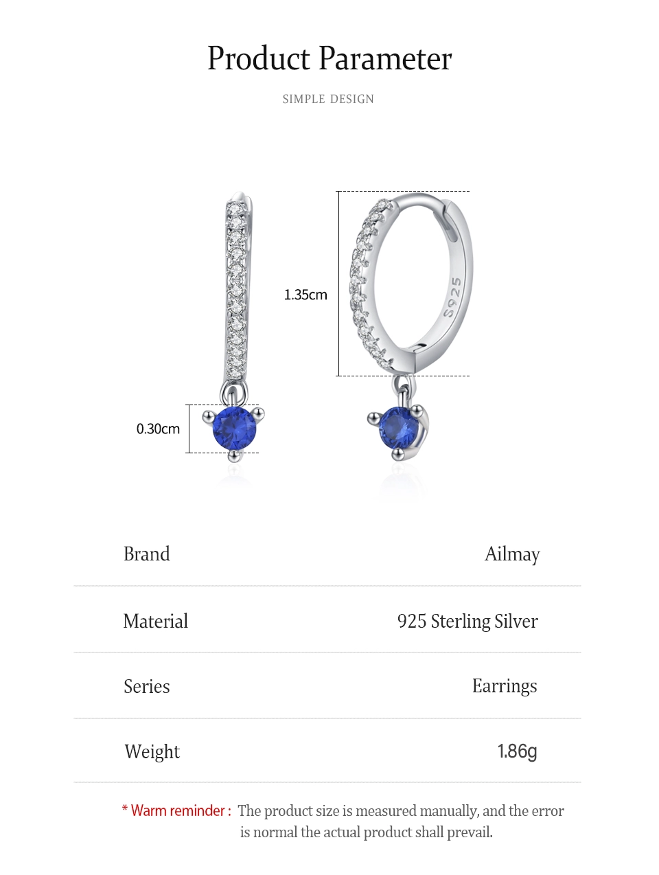 Blue Round Zircon Hoop Earrings 925 Sterling Silver