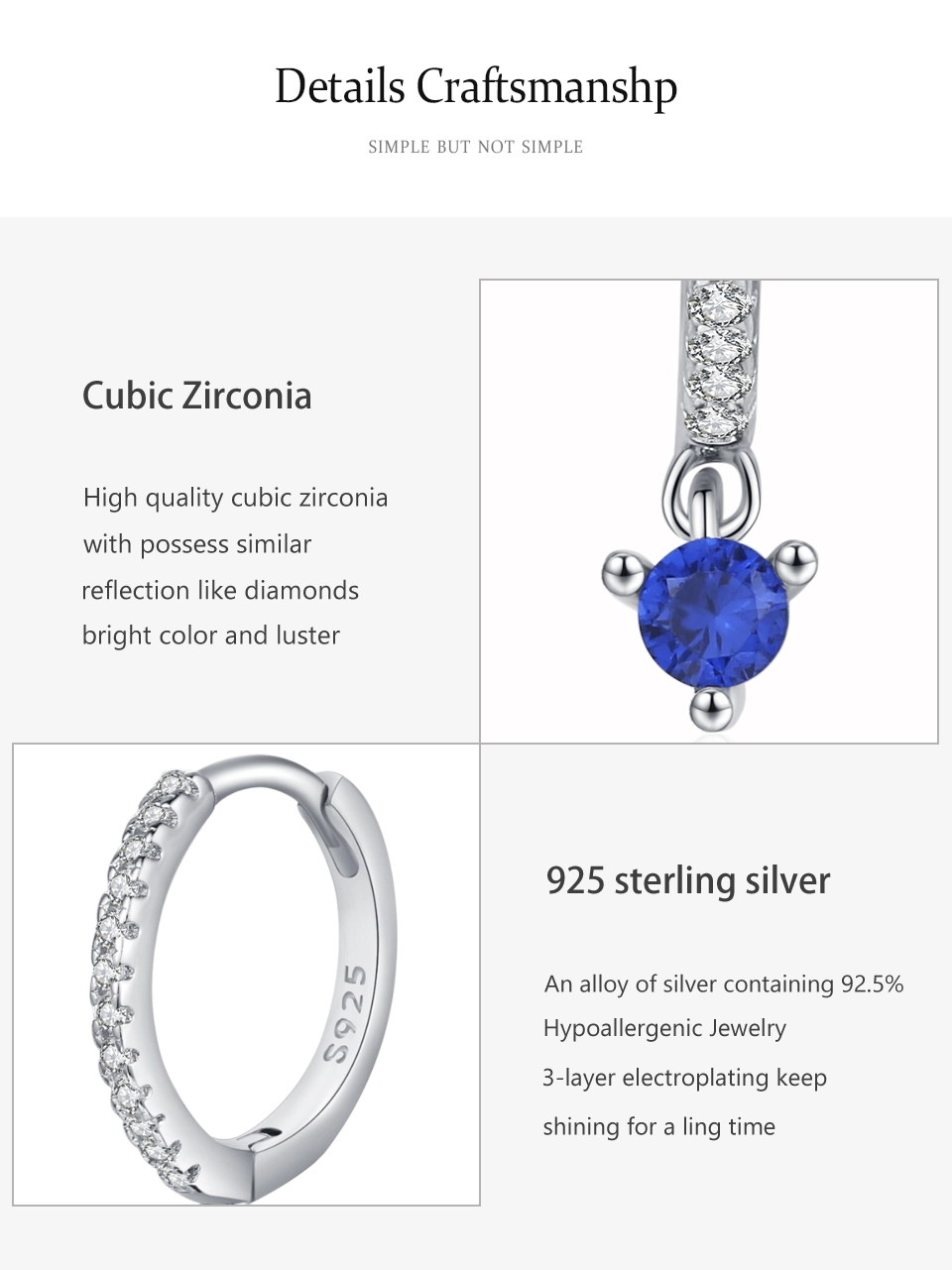 Blue Round Zircon Hoop Earrings 925 Sterling Silver