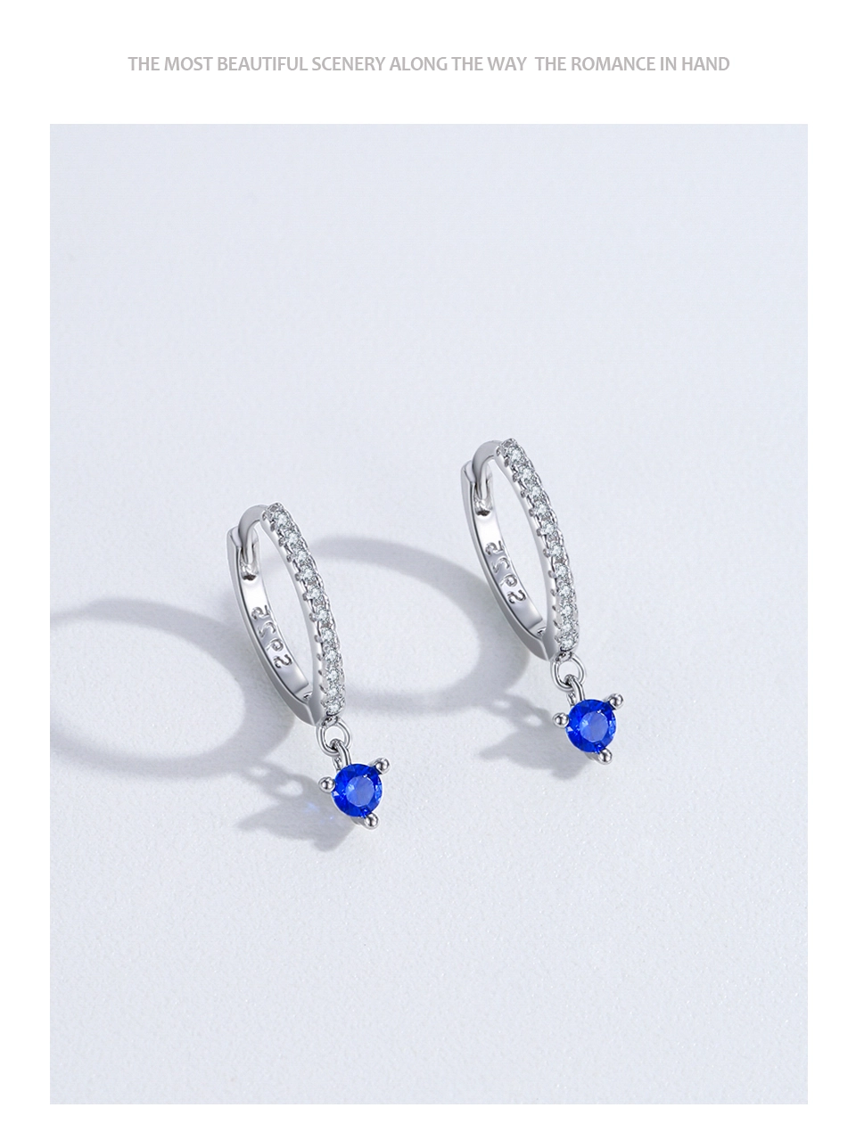 Blue Round Zircon Hoop Earrings 925 Sterling Silver