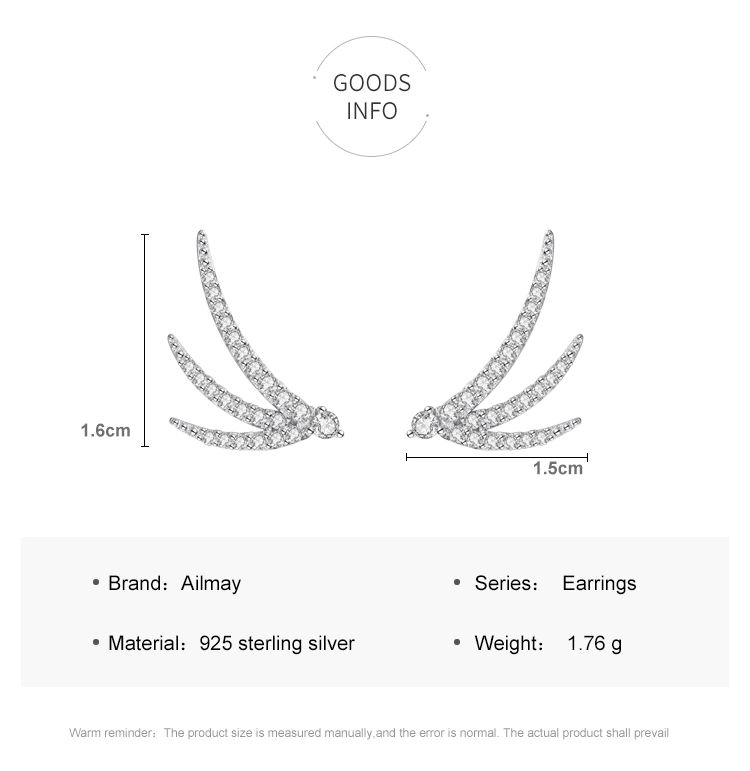 Wing Design CZ Stud Earrings 925 Sterling Silver