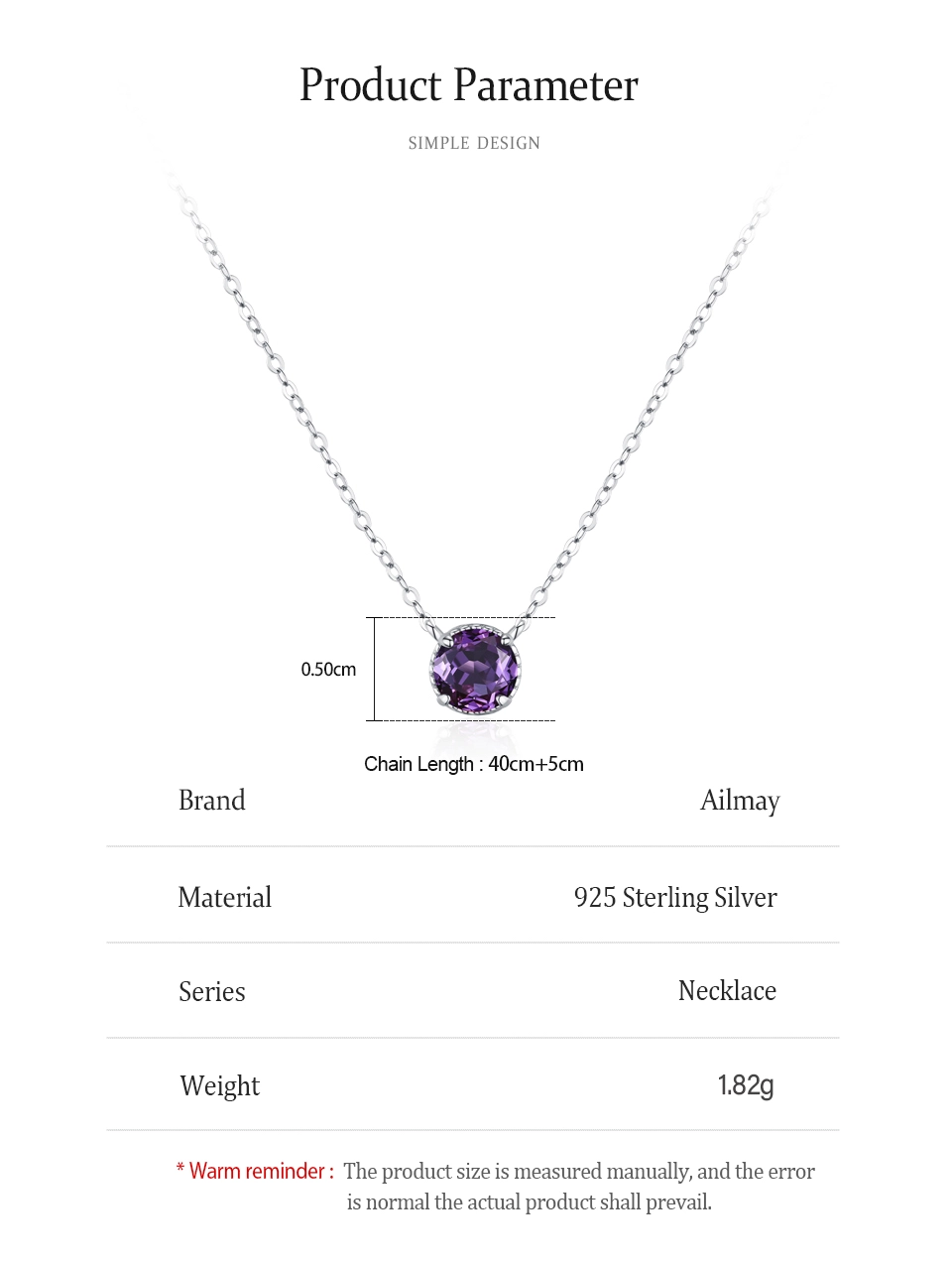 Purple Round Zircon Pendant Necklace 925 Sterling Silver