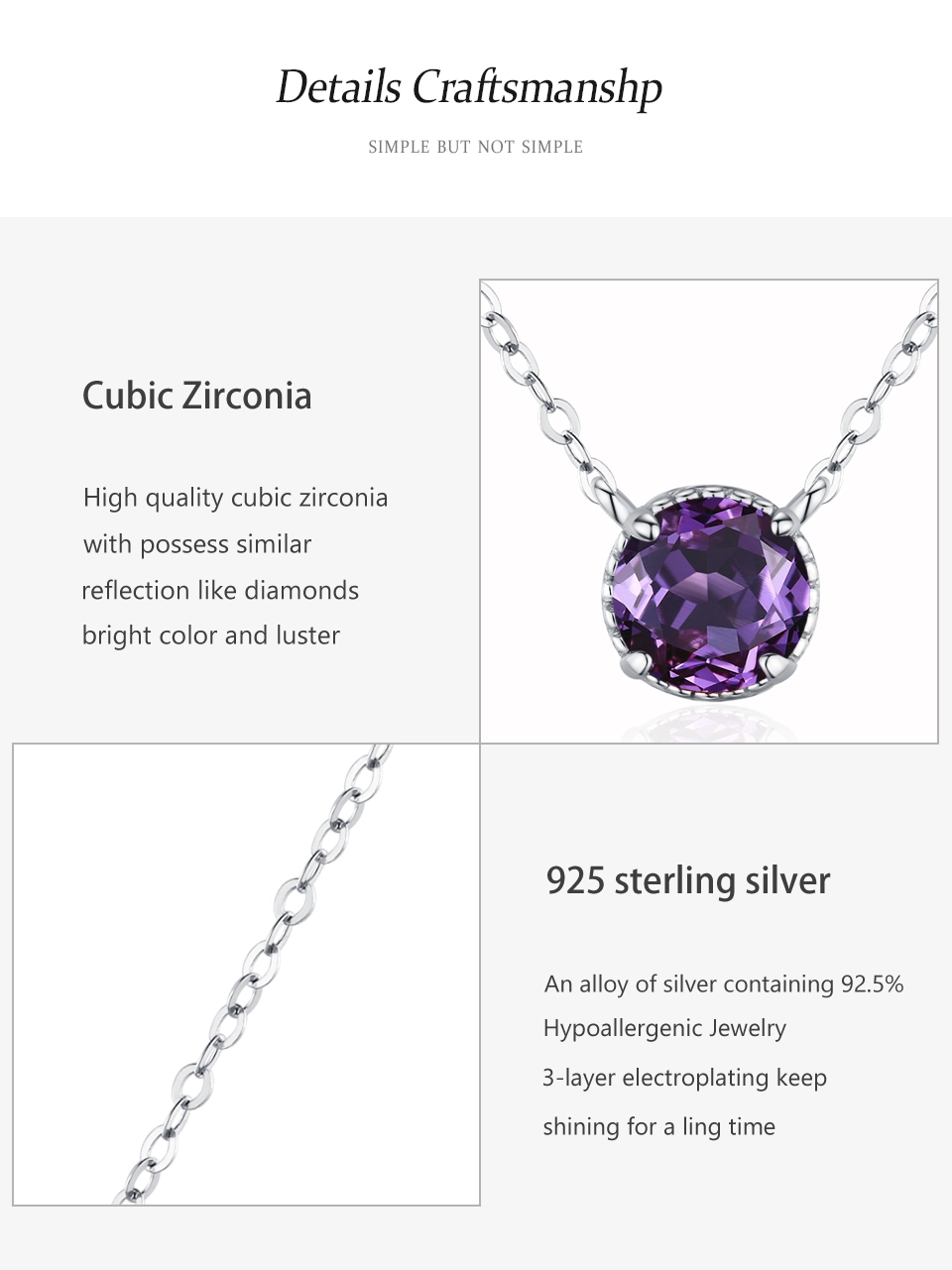 Purple Round Zircon Pendant Necklace 925 Sterling Silver