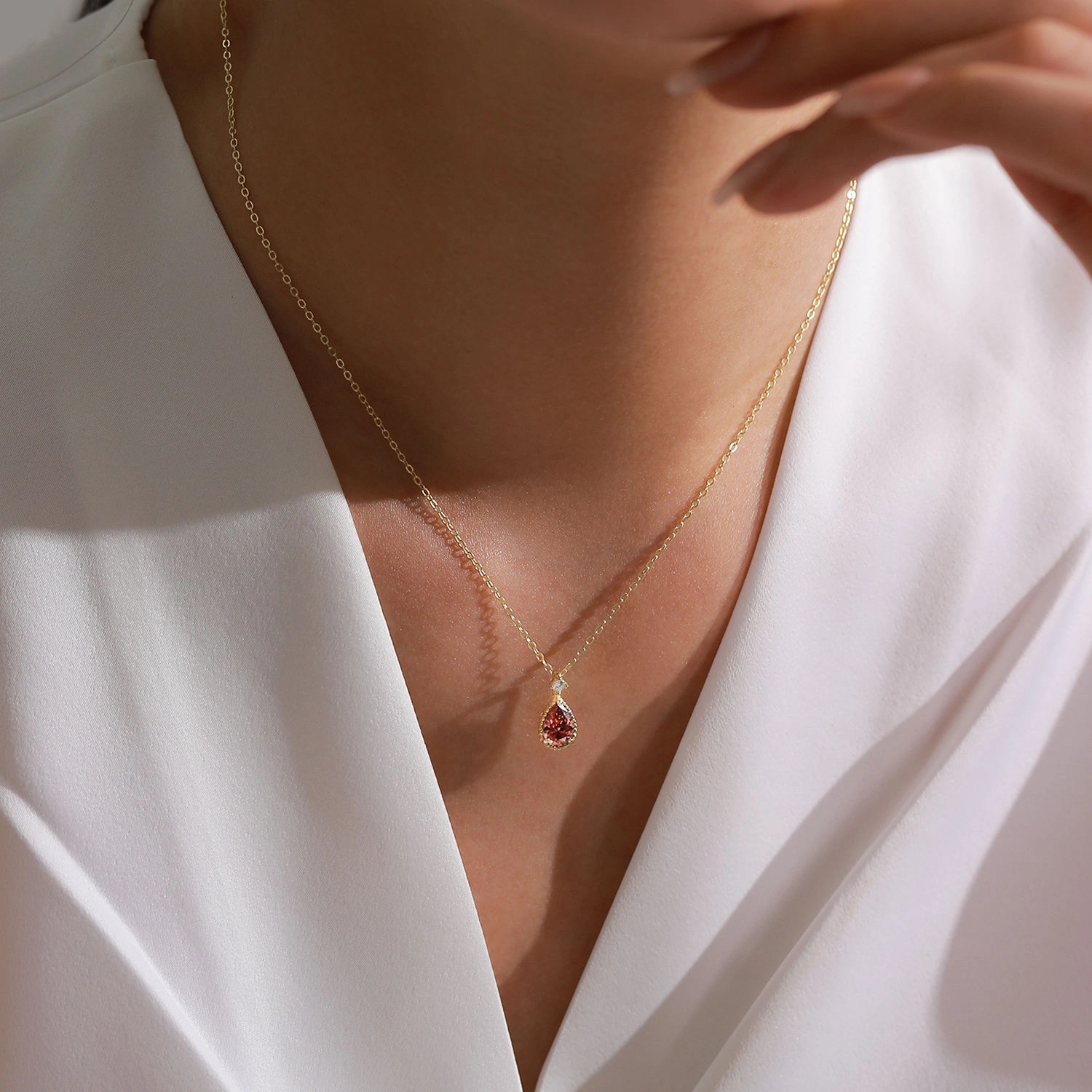 Rhodolite Water Droplet Necklace Classic Gold Plated