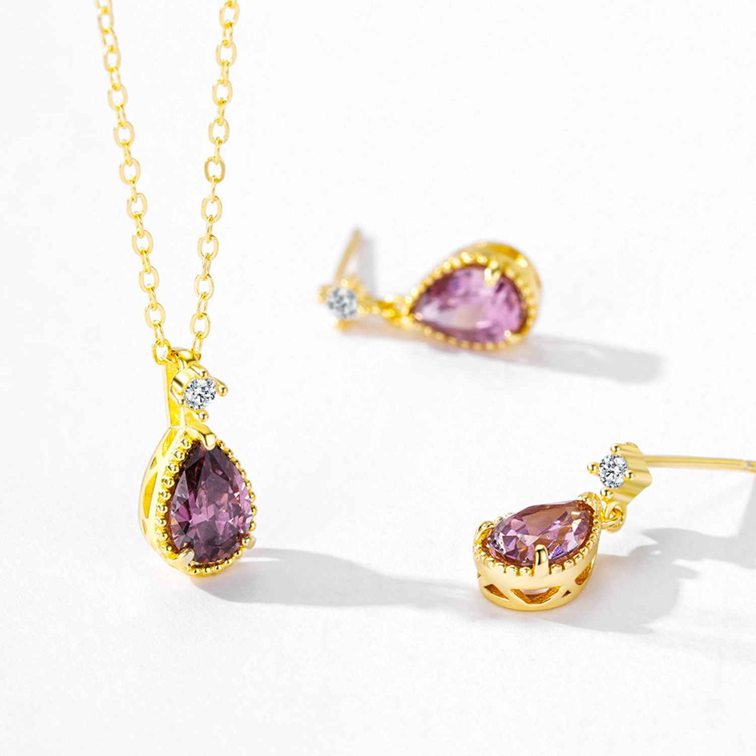Rhodolite Water Droplet Necklace Classic Gold Plated