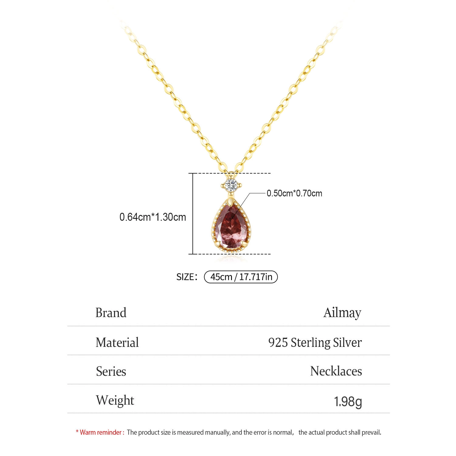 Rhodolite Water Droplet Necklace Classic Gold Plated
