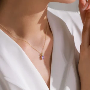Oval Shape Deep Violet Zircon Pendant Necklace Gold Plated