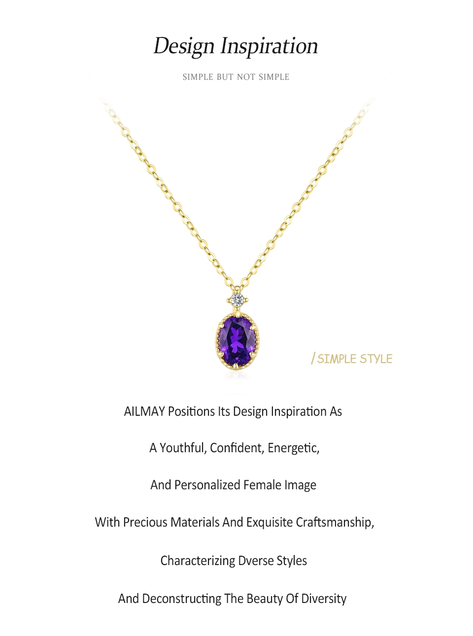 Oval Shape Deep Violet Zircon Pendant Necklace Gold Plated