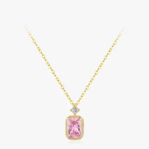 Pink Zircon Rectangular Pendant Necklace Gold Plating