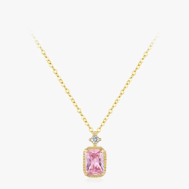 Pink Zircon Rectangular Pendant Necklace Gold Plating