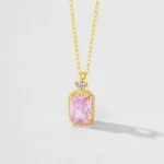 Pink Zircon Rectangular Pendant Necklace Gold Plating