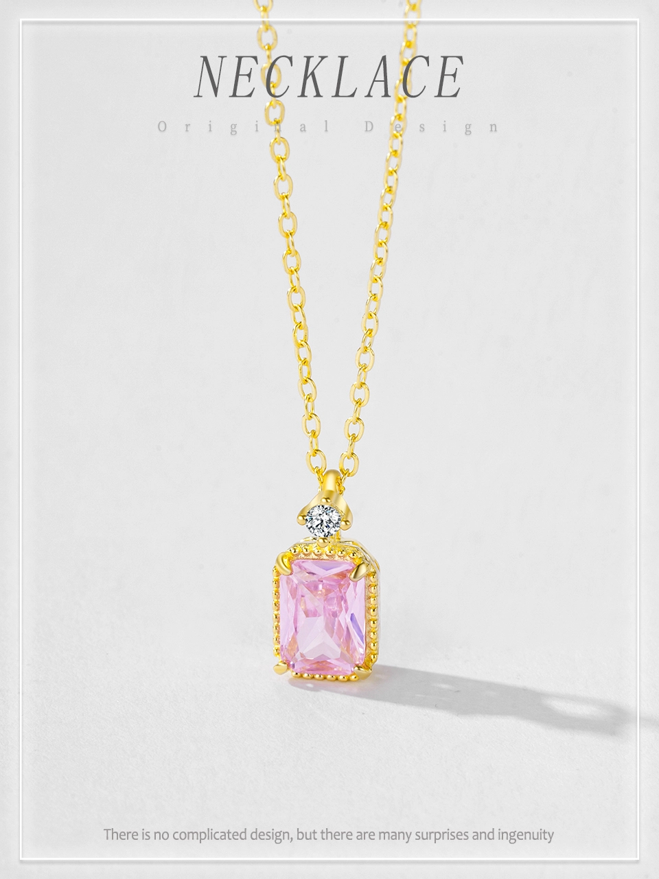 Pink Zircon Rectangular Pendant Necklace Gold Plating