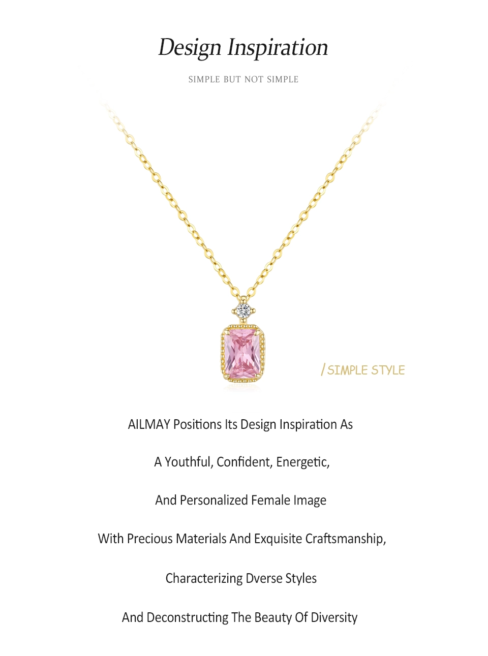 Pink Zircon Rectangular Pendant Necklace Gold Plating