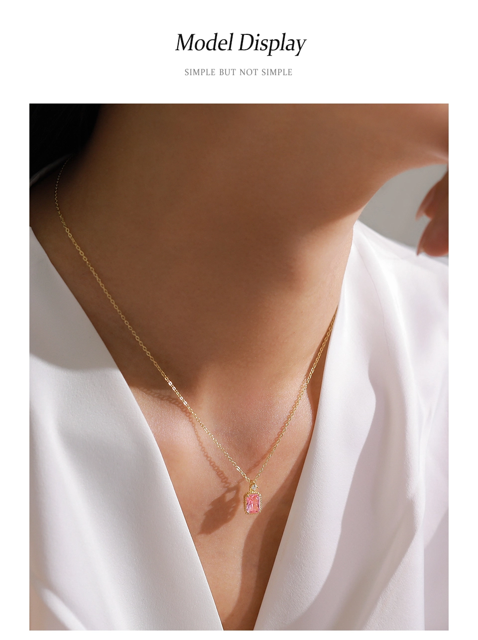 Pink Zircon Rectangular Pendant Necklace Gold Plating