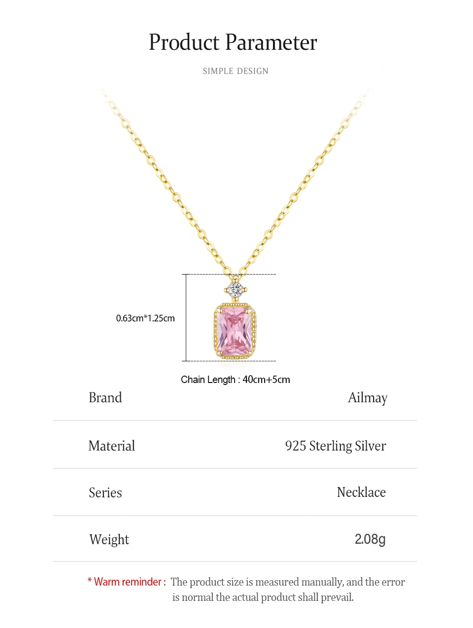 Pink Zircon Rectangular Pendant Necklace Gold Plating