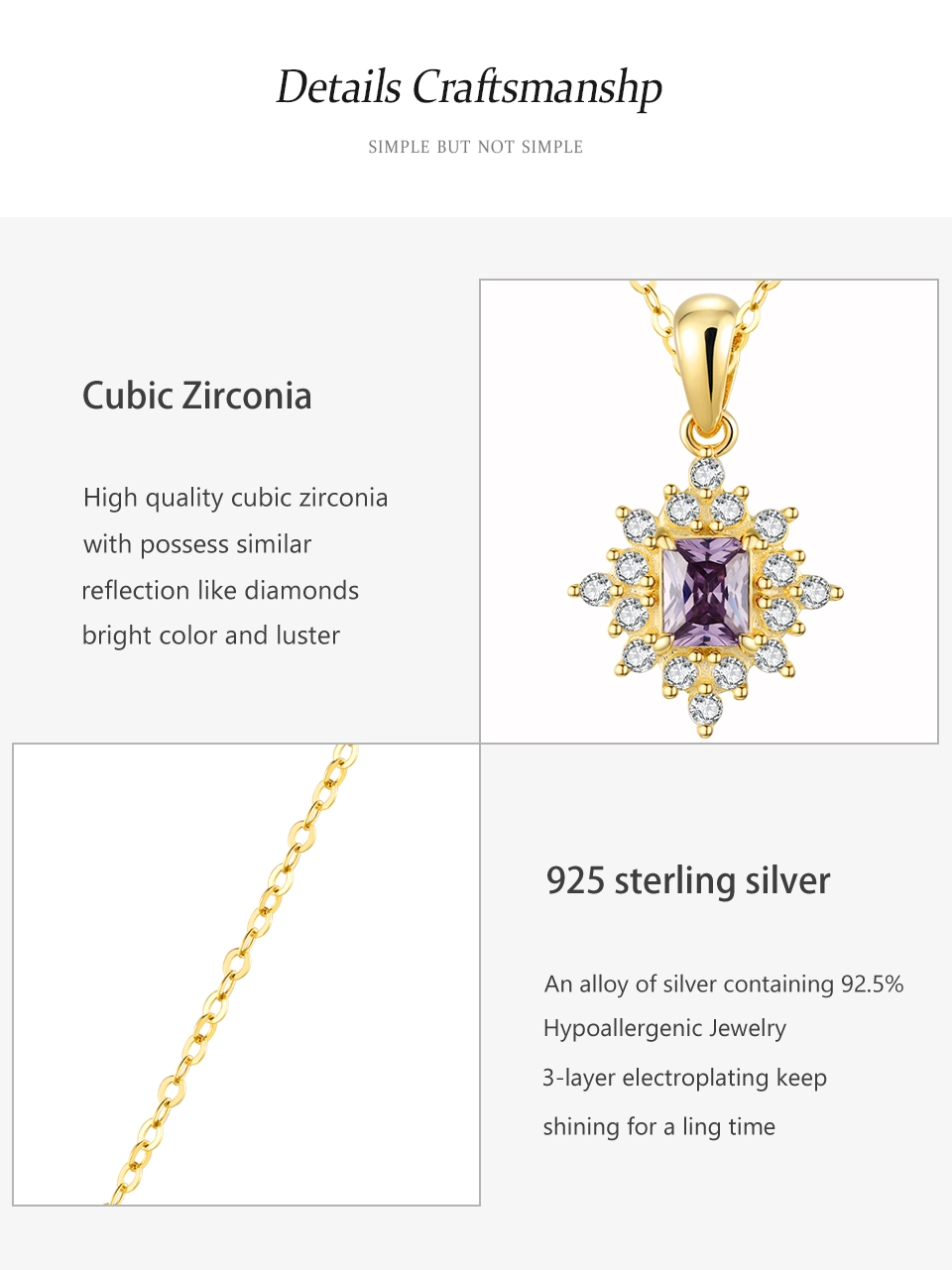 Charm Purple Zircon Snowflake Necklace Gold Plating