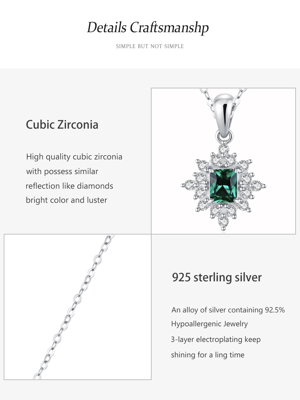 Retro Rectangle Green Zircon Pendant Necklace 925 Sterling Silver