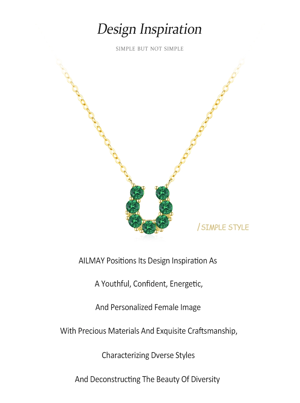 Green Zircon U Shaped Pendant Necklace Luxury Gold Plated