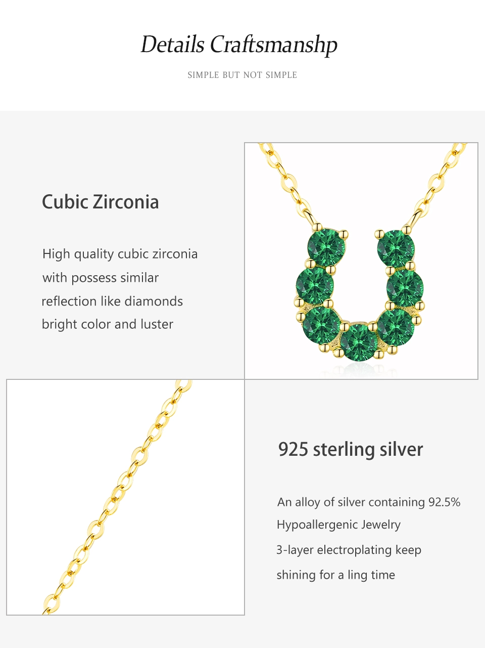 Green Zircon U Shaped Pendant Necklace Luxury Gold Plated