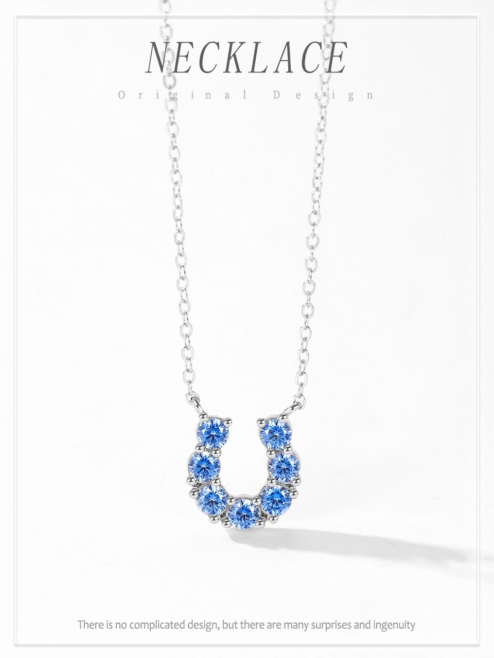 U-shape Pendant Necklace Blue Zircon 925 Sterling Silver