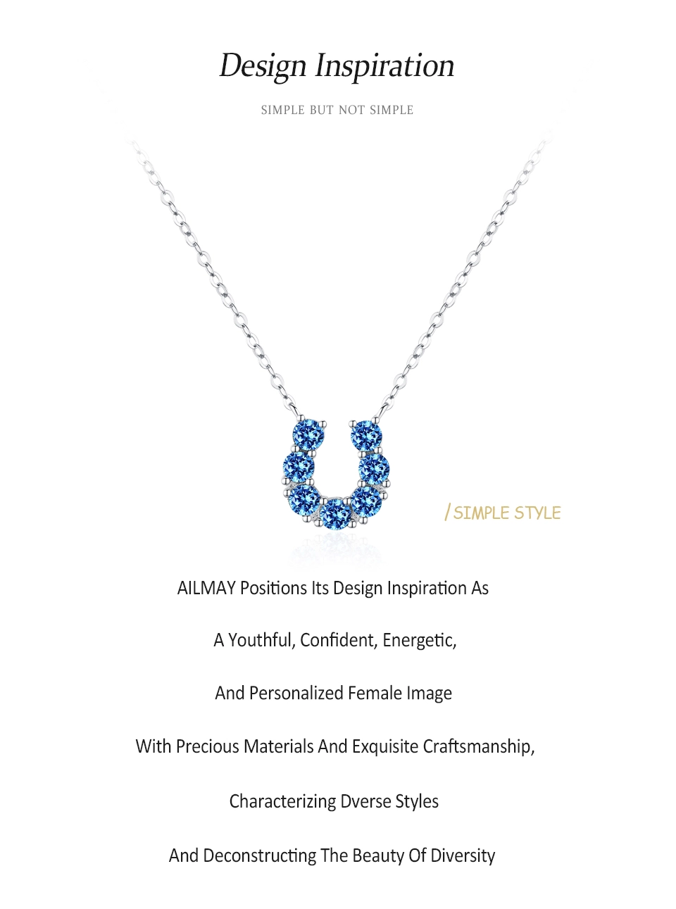 U-shape Pendant Necklace Blue Zircon 925 Sterling Silver