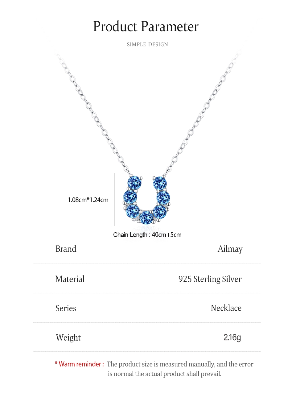 U-shape Pendant Necklace Blue Zircon 925 Sterling Silver