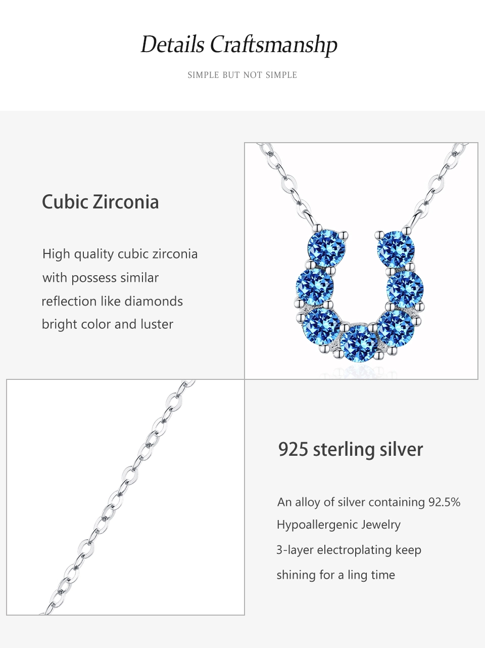 U-shape Pendant Necklace Blue Zircon 925 Sterling Silver