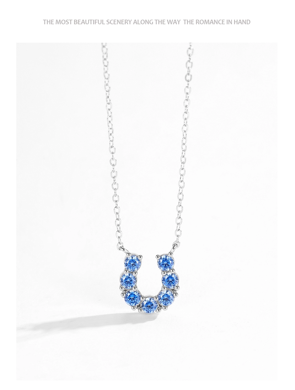 U-shape Pendant Necklace Blue Zircon 925 Sterling Silver