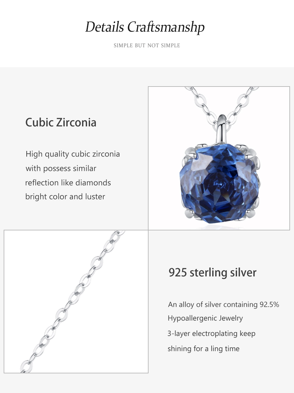 Royal Blue Zircon Pendant Necklace Elegant 925 Sterling Silver