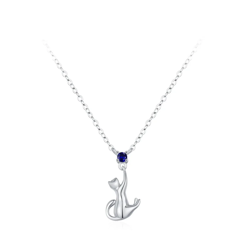 Cute Cat Pendant Necklace Blue Zircon 925 Sterling Silver