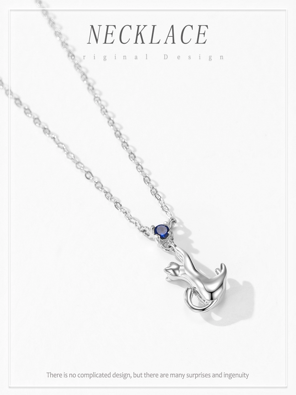 Cute Cat Pendant Necklace Blue Zircon 925 Sterling Silver