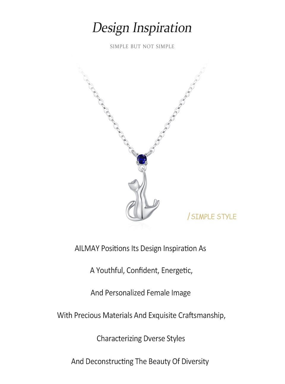 Cute Cat Pendant Necklace Blue Zircon 925 Sterling Silver