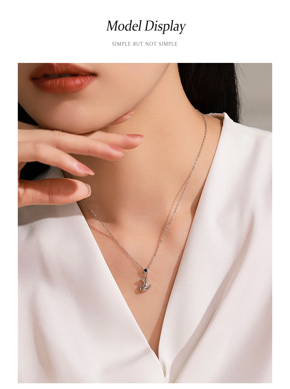 Cute Cat Pendant Necklace Blue Zircon 925 Sterling Silver