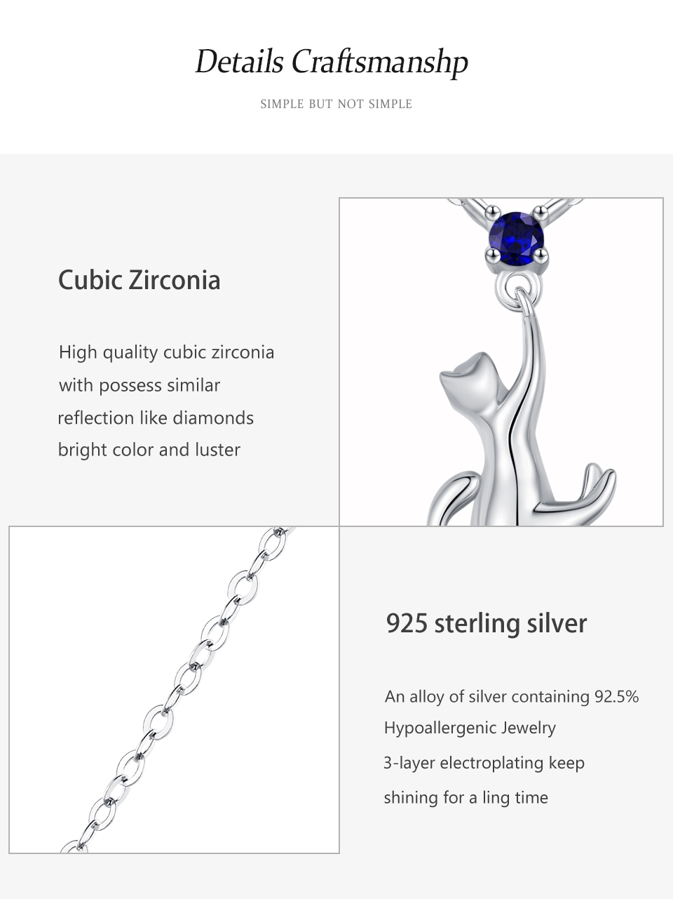 Cute Cat Pendant Necklace Blue Zircon 925 Sterling Silver