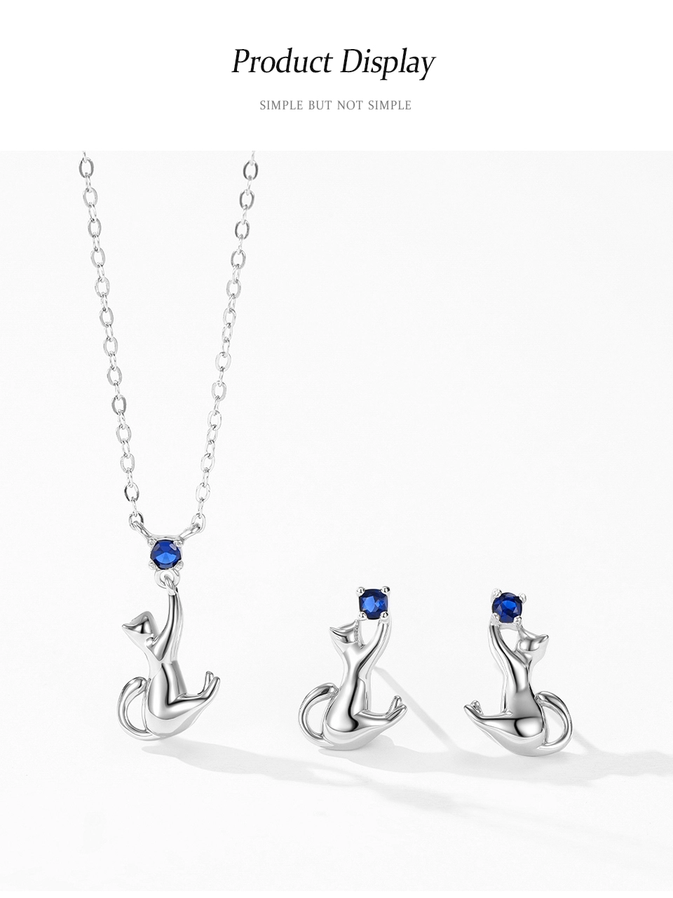 Cute Cat Pendant Necklace Blue Zircon 925 Sterling Silver