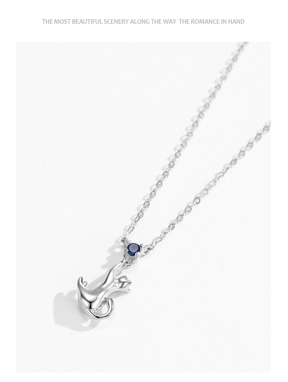 Cute Cat Pendant Necklace Blue Zircon 925 Sterling Silver