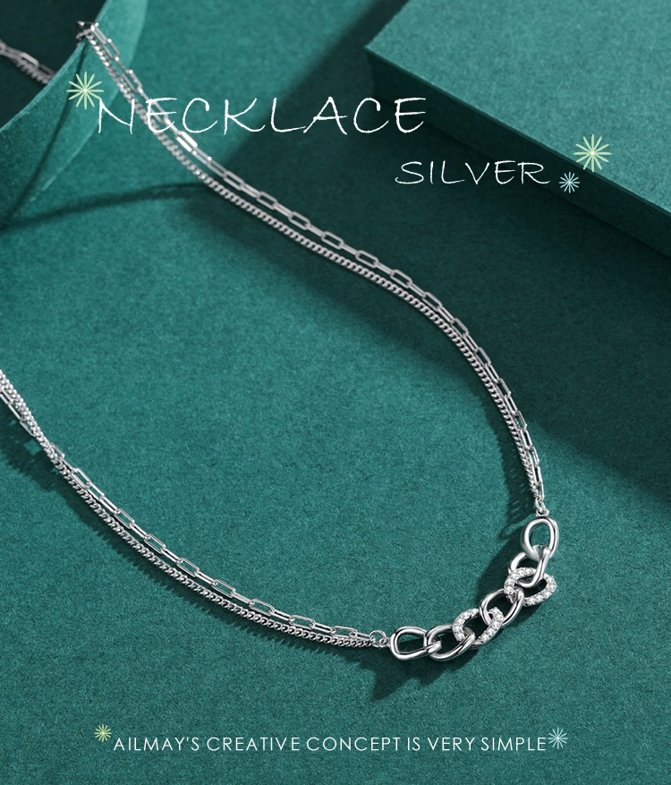Chain Shape Pendant Necklace 925 Sterling Silver Charm Clear Zircon Necklace
