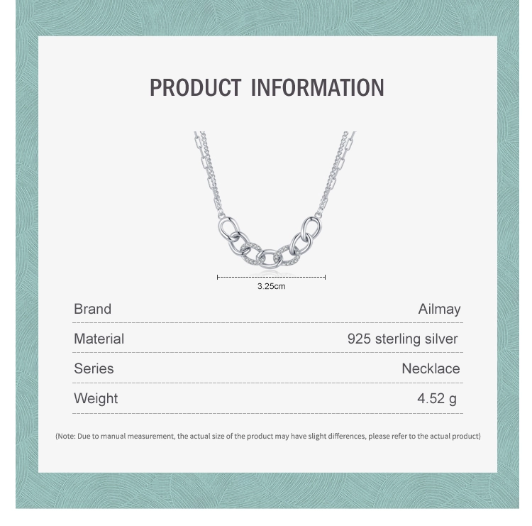 Chain Shape Pendant Necklace 925 Sterling Silver Charm Clear Zircon Necklace