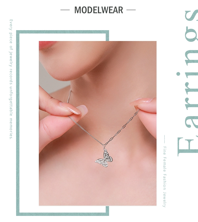 Butterfly Charm Pendant Necklace 925 Sterling Silver Clear Zircon