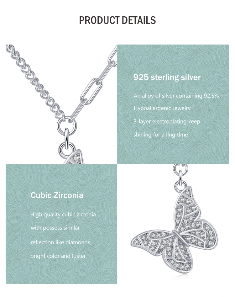 Butterfly Charm Pendant Necklace 925 Sterling Silver Clear Zircon