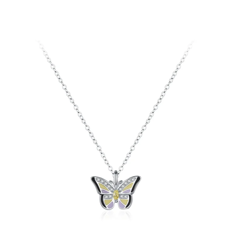 Colored Enamel Shiny Butterfly Pendant Necklace 925 Sterling Silver
